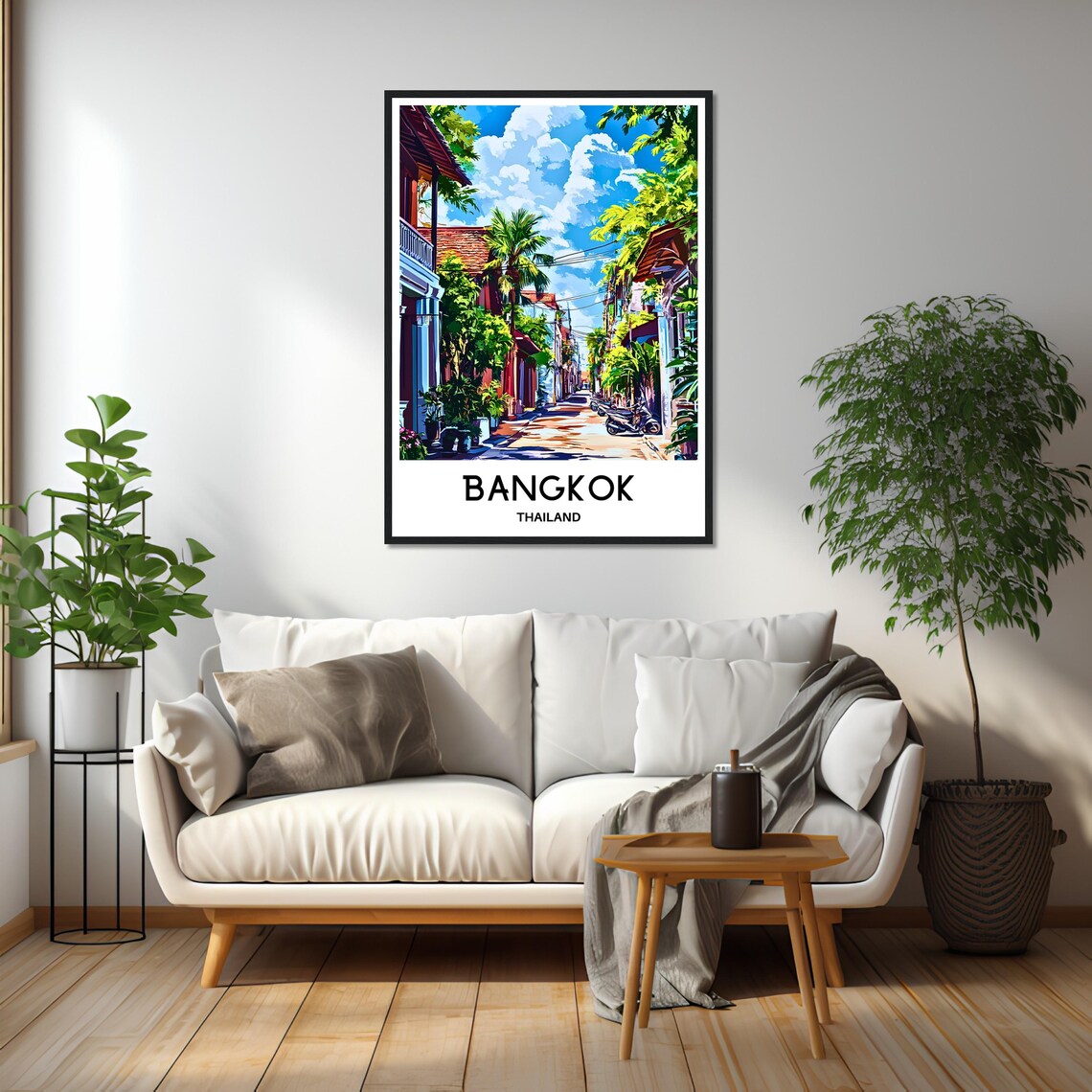 Bangkok Thailand Old Street Poster with Shophouses and Palm Trees - Image 2