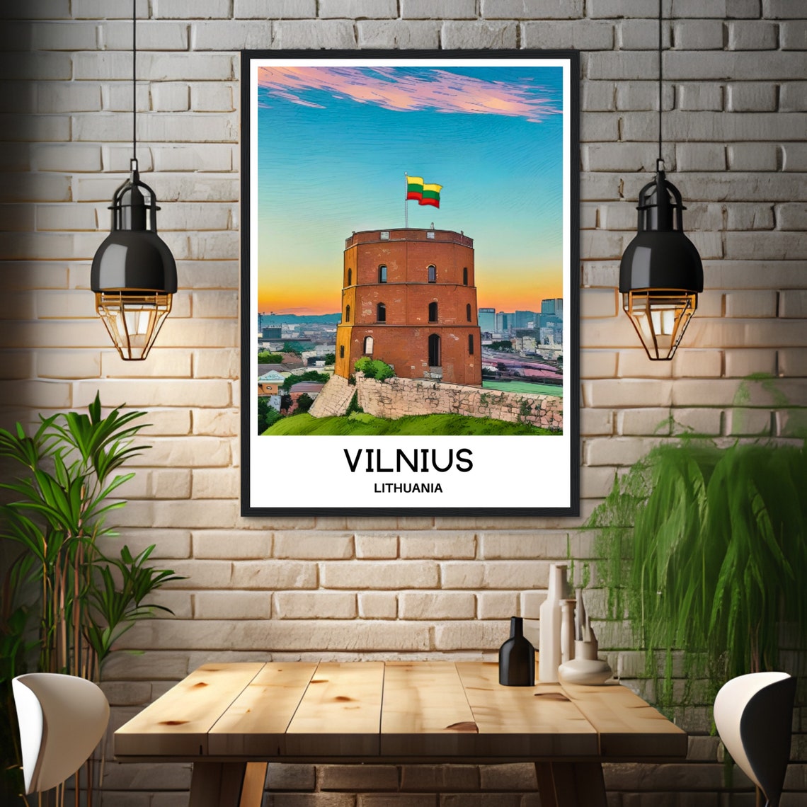 Vilnius Lithuania Gediminas Tower Sunset Flag Capital Travel Poster - Image 3