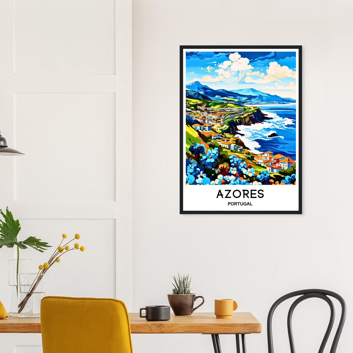 Azores Portugal Coastal Town Blue Hydrangeas Island Travel Poster - Image 3