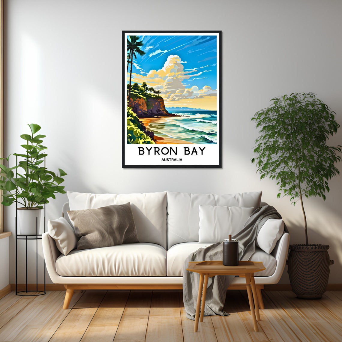 Byron Bay Cliff Beach With Palm Trees and Rolling Surf Travel Poster - Image 2