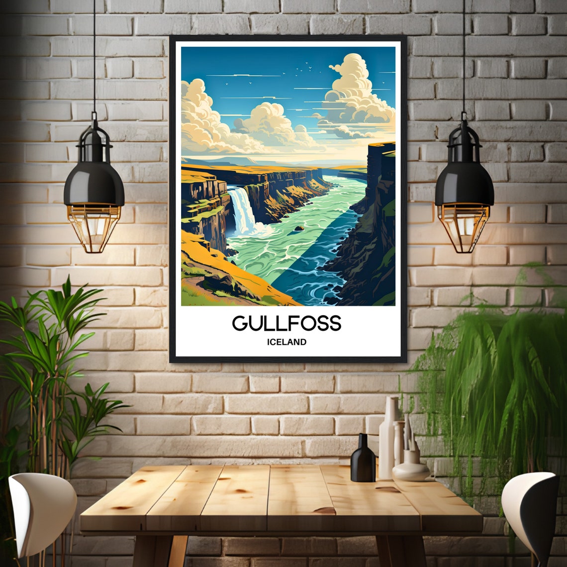 Gullfoss Iceland Waterfall and River Canyon Travel Illustration Poster - Image 3