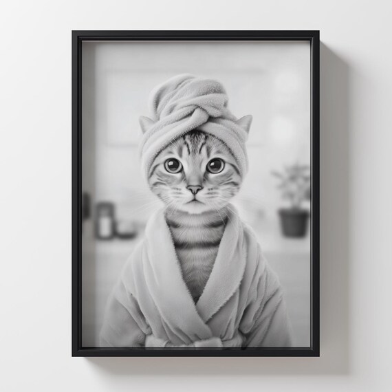 Tabby Cat in Bathrobe and Towel Funny Spa Day Bathroom Print