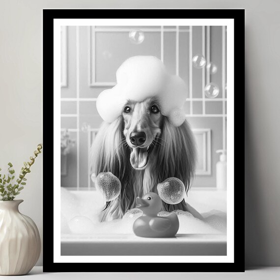 Afghan Hound Wall Art Funny Bathroom Decor Pet Portrait Petshop Dog Gift In Bubble Bath