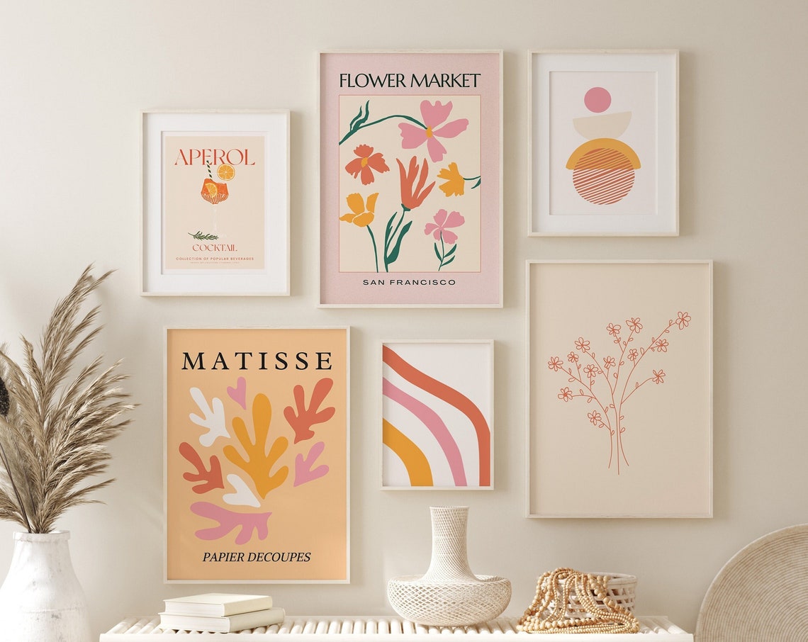 Trendy Pink Orange Gallery Wall Set Six Boho Preppy Aesthetic Poster