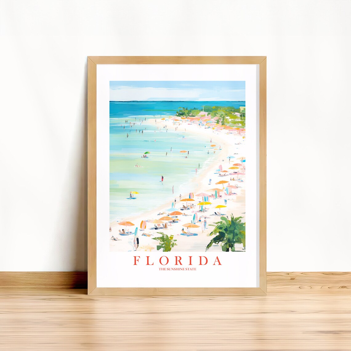 Florida Travel Poster, Retro Pink Orange Teal Beach Landscape