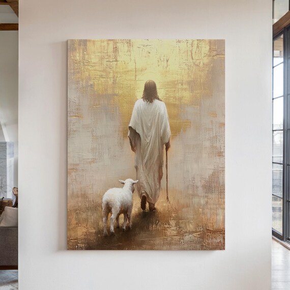 Jesus Christ Shepherd Lamb Gold Vintage Christian Wall Art Poster