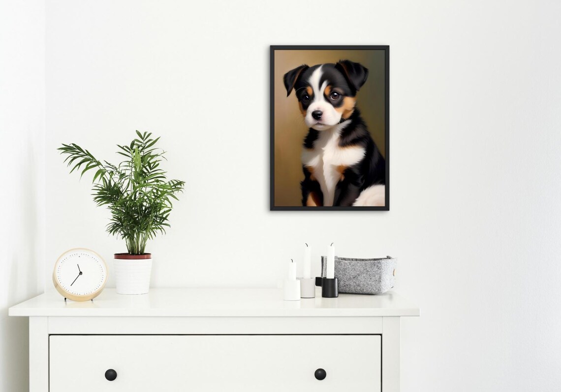 Cute Tricolor Puppy Black White Tan Big Soulful Eyes Portrait Poster - Image 4