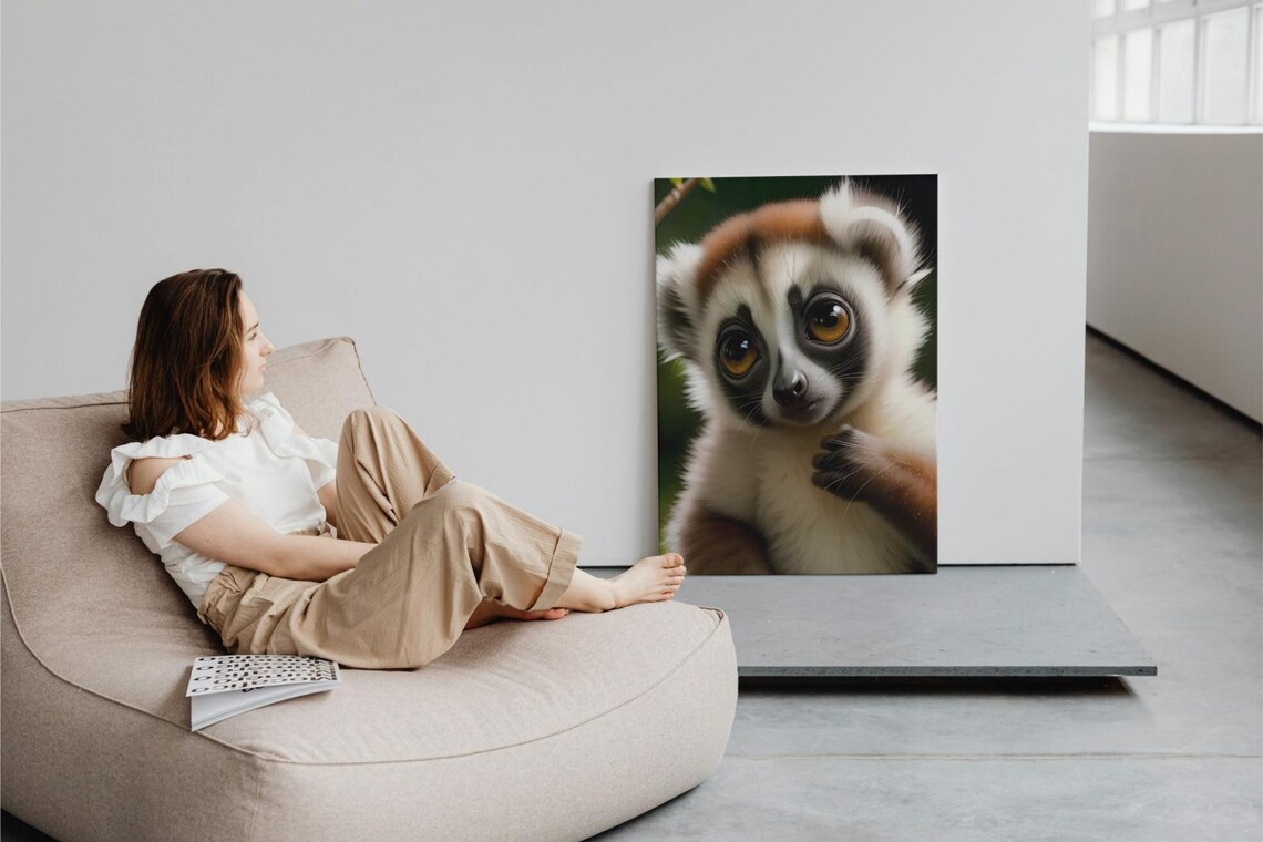 Cute Baby Lemur Huge Amber Eyes Soft White Fur Jungle Portrait Poster - Image 3