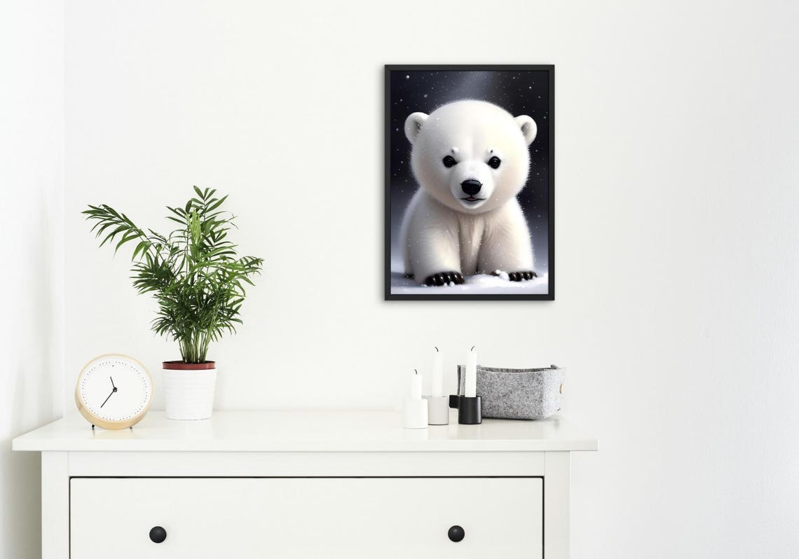 Baby Polar Bear Cub Snow Night Stars Fluffy Arctic Nursery Wall Poster - Image 4