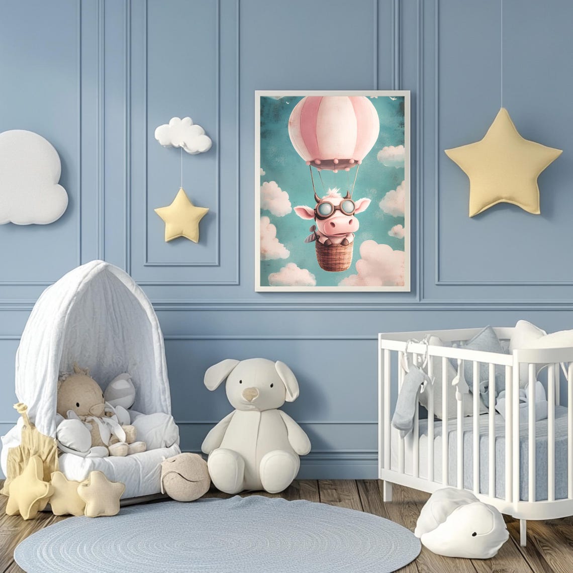 Cute Flying Cow Aviator Goggles Pink Hot Air Balloon Cloudy Sky Poster - Image 3