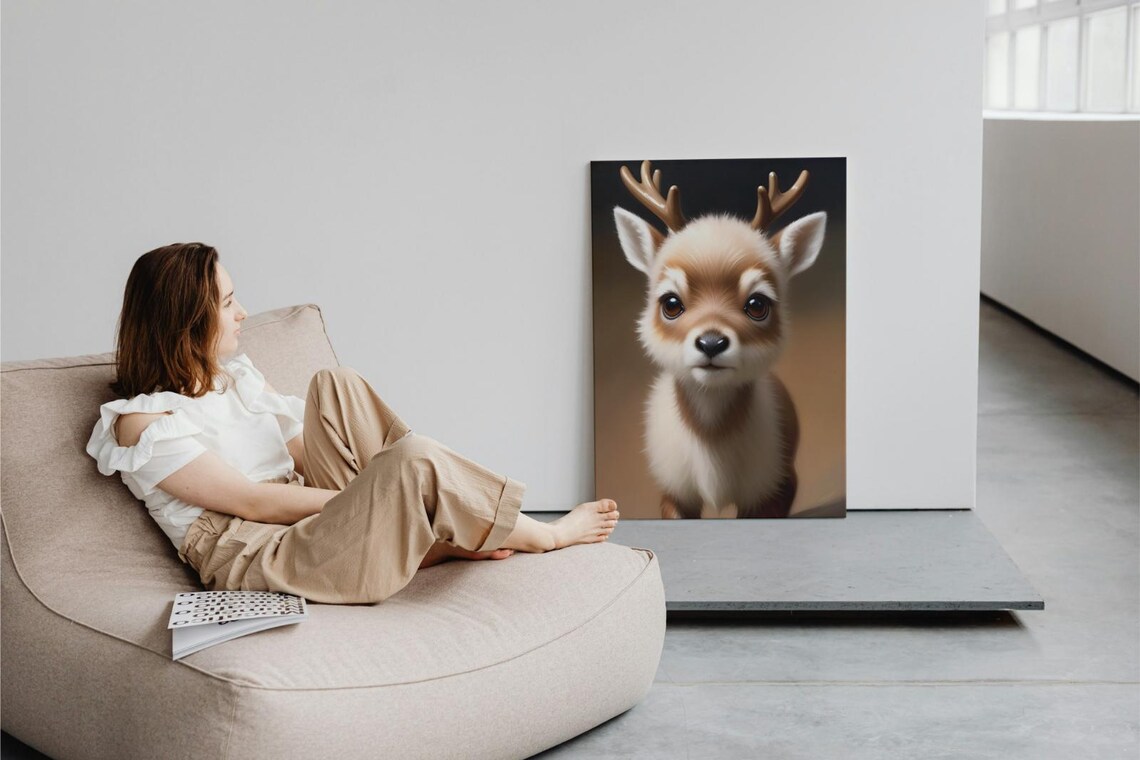 Baby Reindeer Calf Antlers Big Brown Eyes Woodland Nursery Wall Poster - Image 3