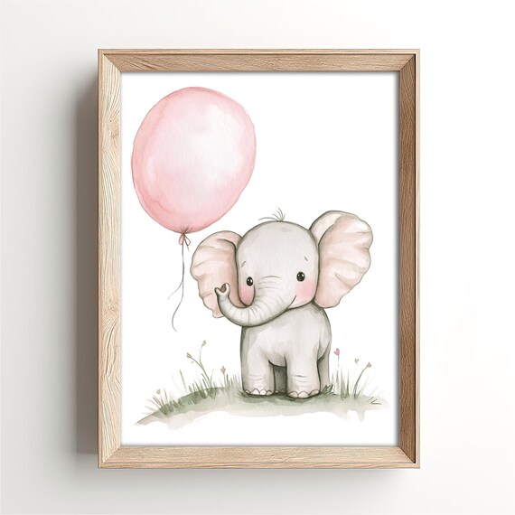 Baby Elephant Holding Pink Balloon Watercolor Nursery Poster