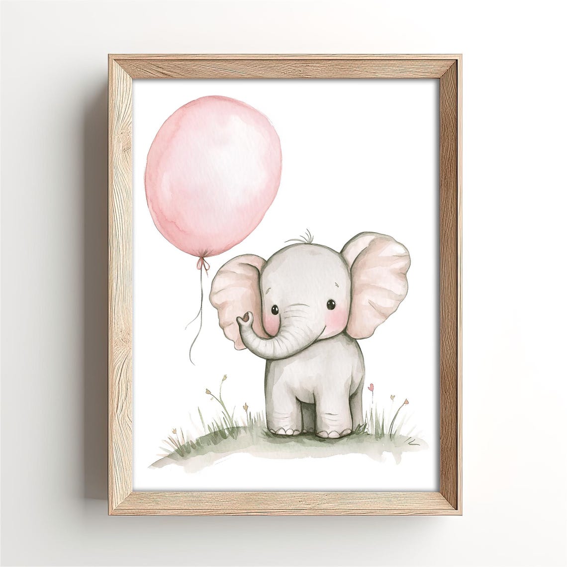 Baby Elephant Holding Pink Balloon Watercolor Nursery Poster