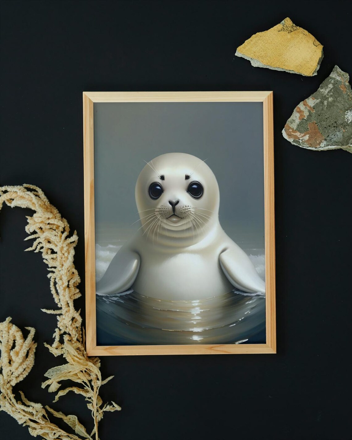 Adorable Baby Seal Pup Silky White Fur Big Dark Eyes Ocean Poster