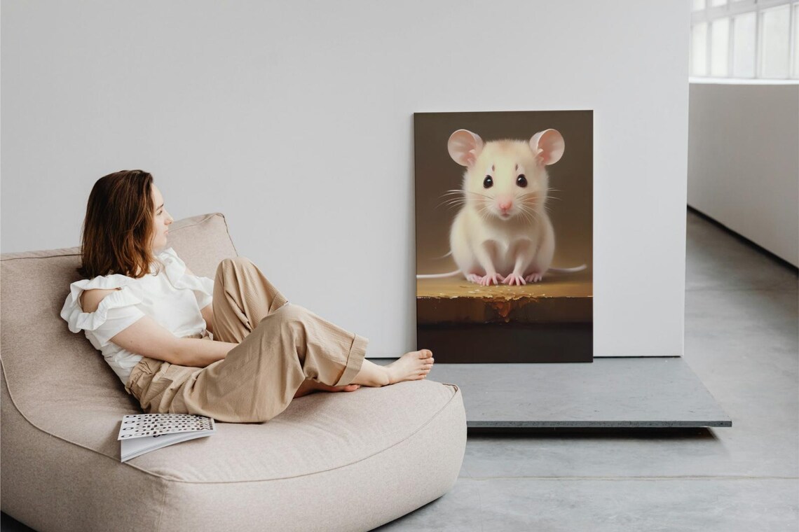 Adorable Baby White Mouse Big Pink Ears Wooden Ledge Portrait Poster - Image 3