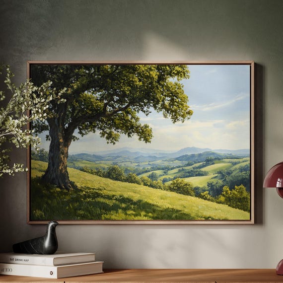 Serene Countryside Landscape Painting Rolling Hills Majestic Oak Tree Tranquil Nature Wall Art For Rustic Home Decor