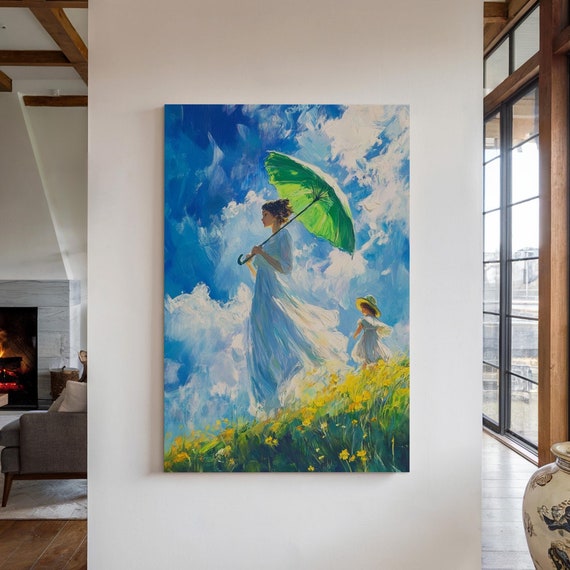 Mother And Child Strolling Through A Blooming Meadow Under A Vibrant Blue Sky With Flowing Dresses And A Bright Green Umbrella