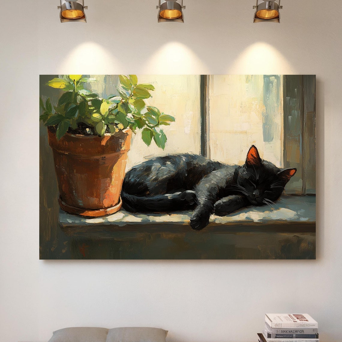Black Cat Sleeping On Sunny Windowsill Plant Cozy Cat Lover Art Poster