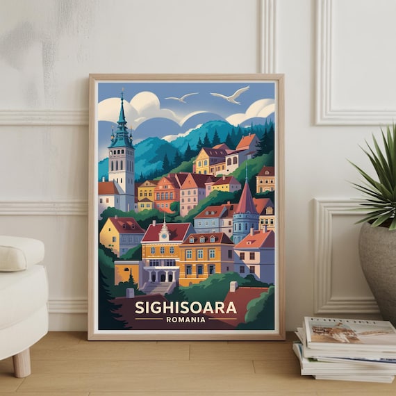 Sighisoara Romania Medieval Old Town Colorful Vintage Travel Poster