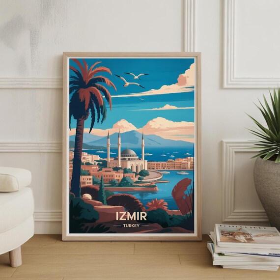 Izmir Turkey Waterfront Mosque Retro Seaside Travel City Poster
