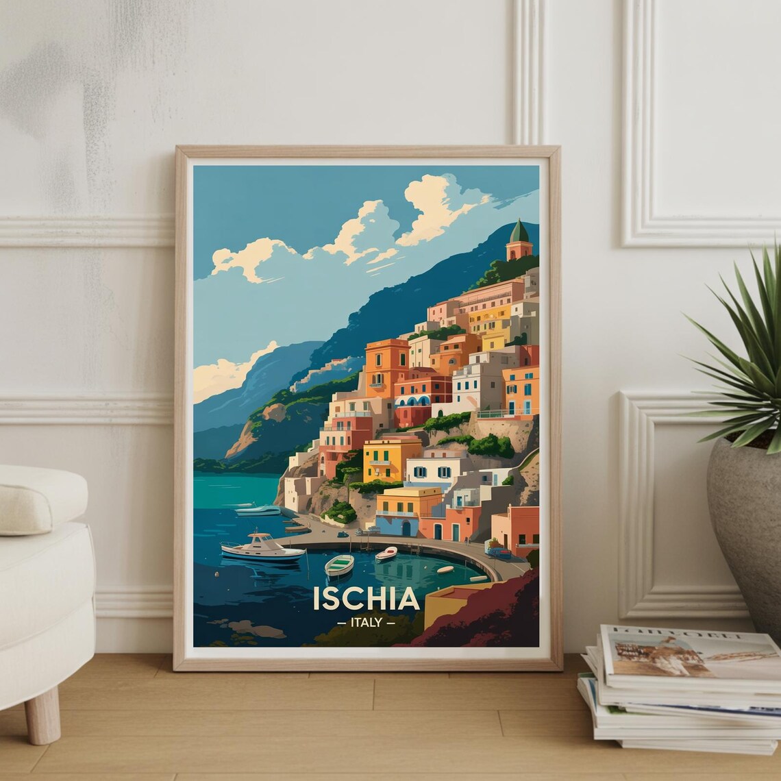 Ischia Italy Vintage Travel Art Cliffside Harbor Town Poster