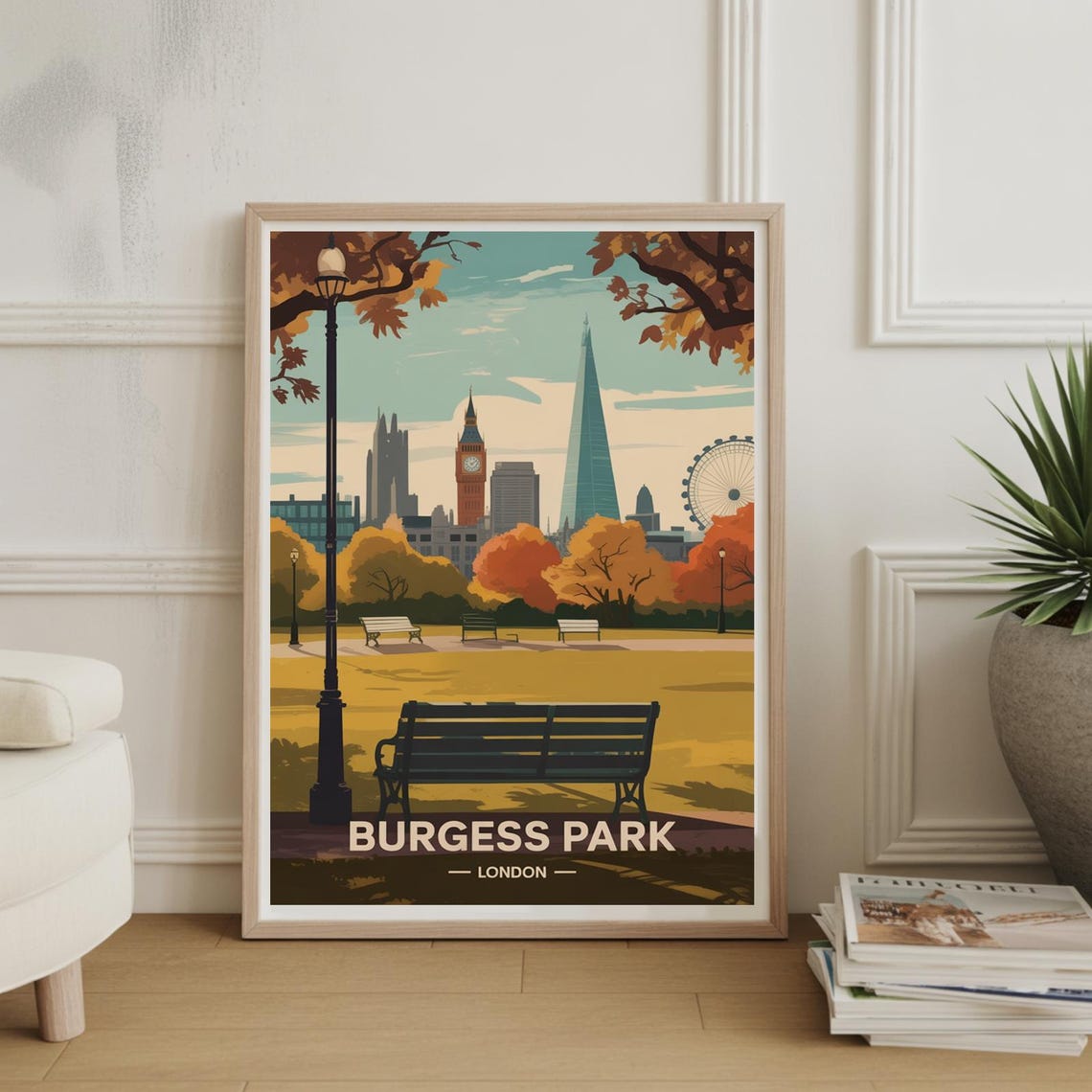 Burgess Park London Vintage Travel Poster Autumn Park Scene Art