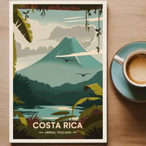 Costa Rica Travel Poster San Jos Art Arenal Volcano Wall Decor Unique Wedding Gift Home