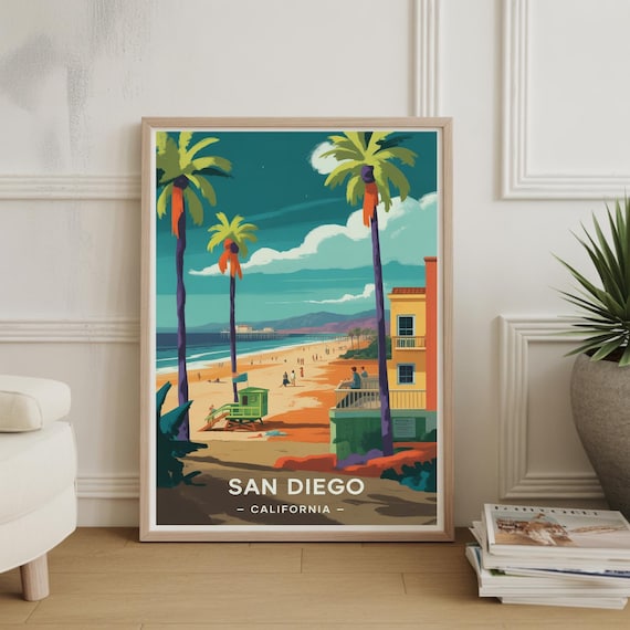 San Diego California Beach Palm Trees Retro Travel Art Poster