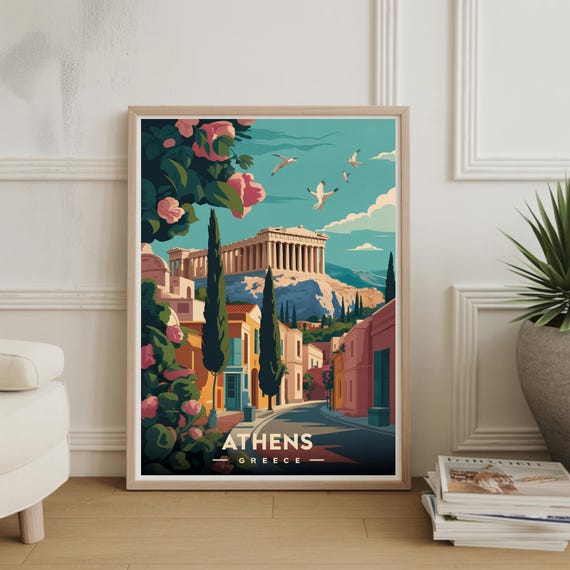 Athens Greece Travel Poster Traditional City Art Wall Decor Unique Birthday Or Wedding