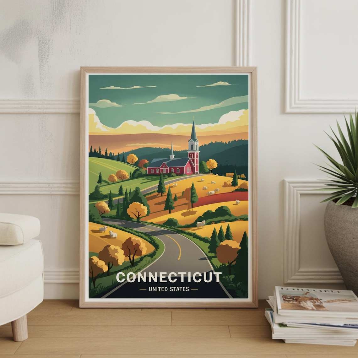 Connecticut Countryside Red Church Scenic Autumn Road Travel Poster