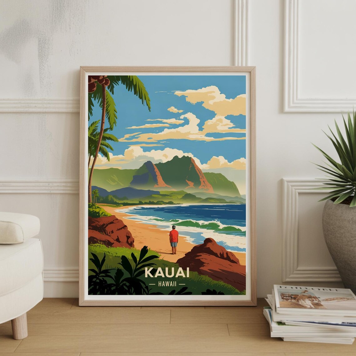 Kauai Hawaii Beach Surfer Mountains Palms Tropical Island Travel Poster