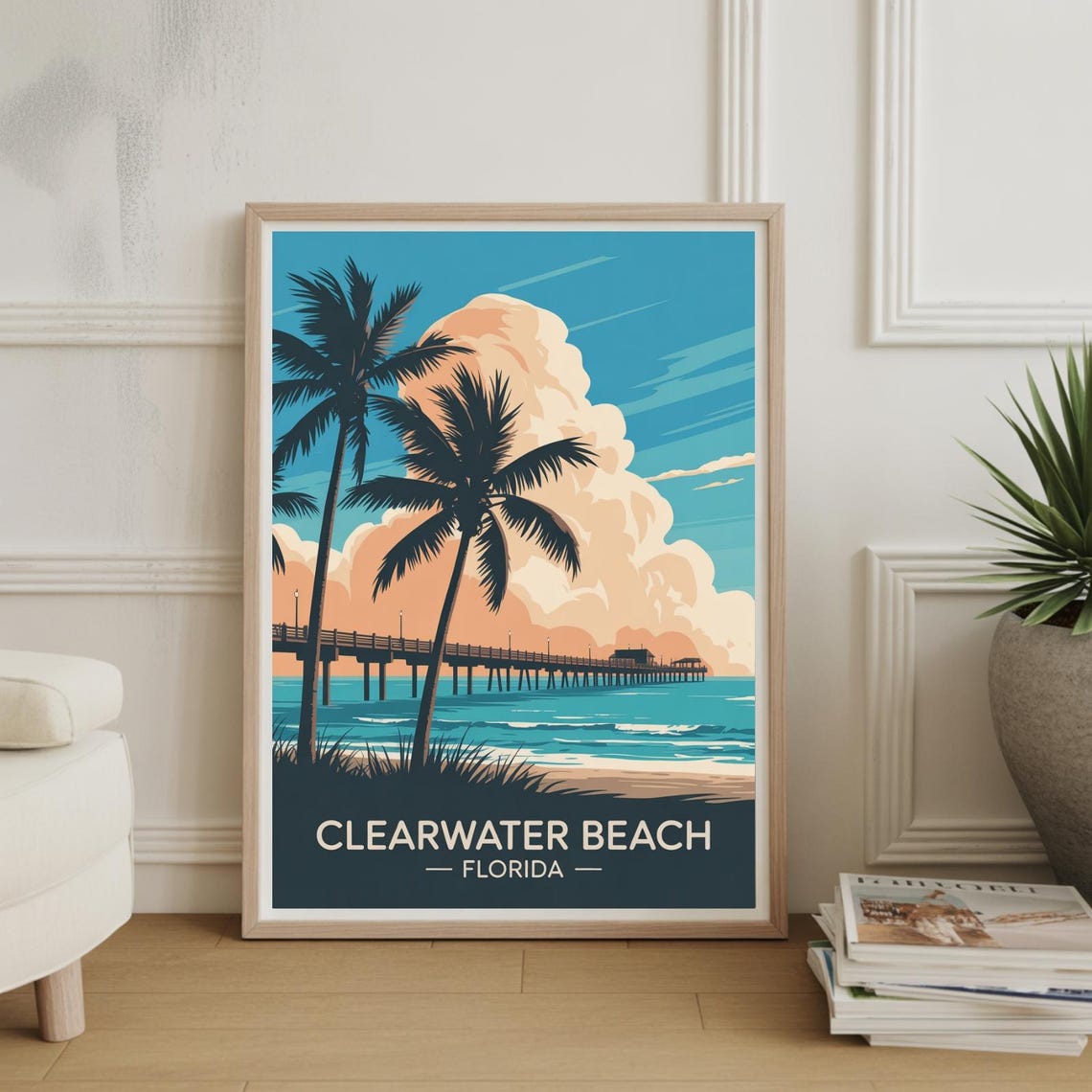 Clearwater Beach Florida Travel Poster Palm Trees Pier Sunset Art