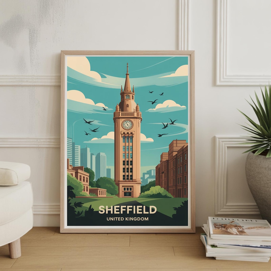 Sheffield United Kingdom Clock Tower Cityscape Vintage Travel Poster