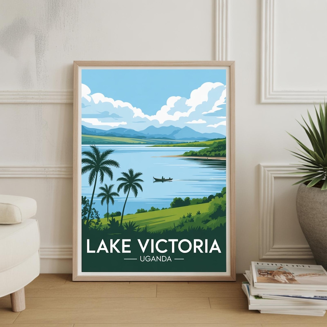 Lake Victoria Uganda Palms Fishing Boat Scenic Travel Poster
