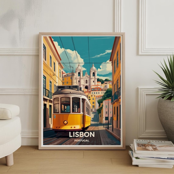 Lisbon Portugal Yellow Tram Street Vintage Travel Poster Artwork