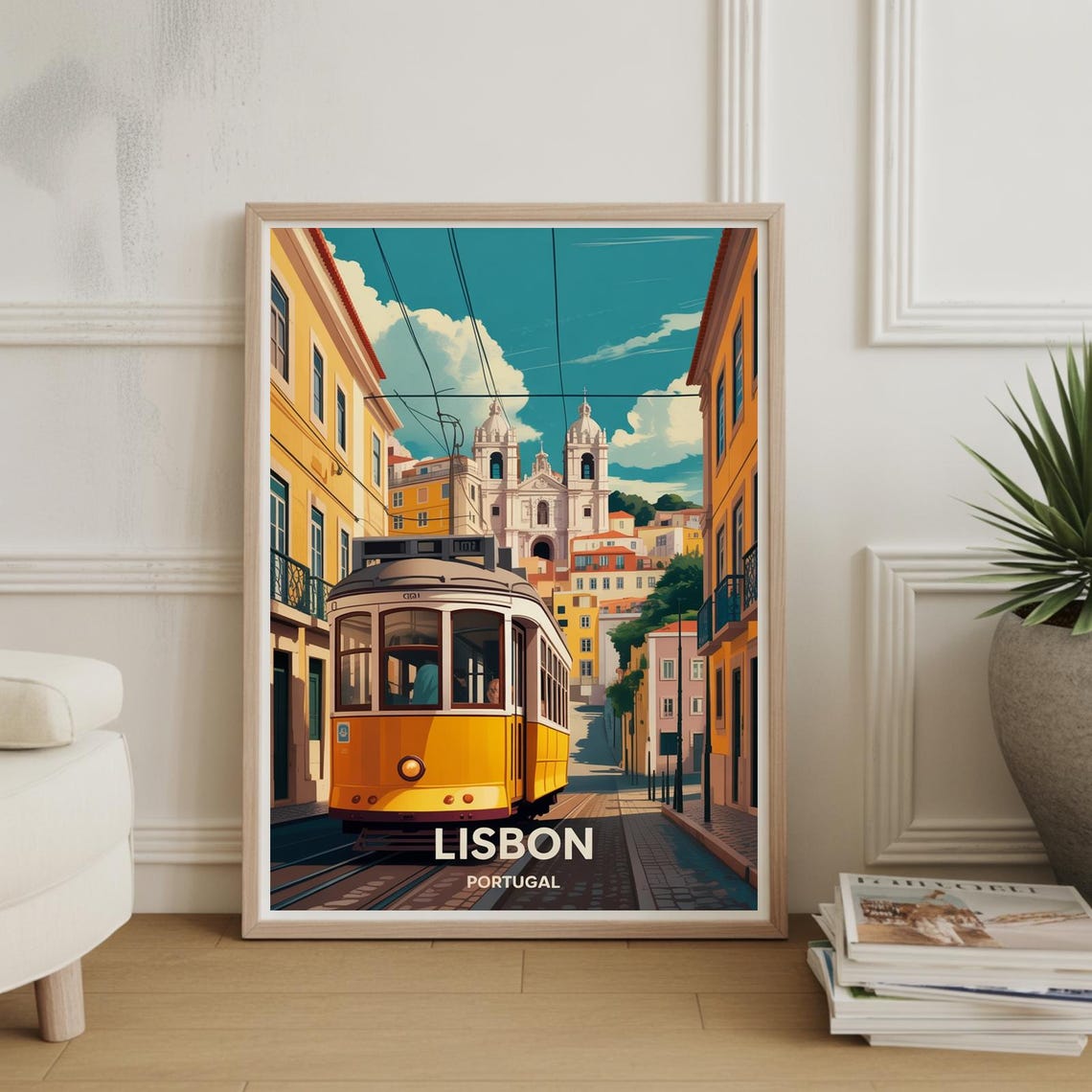 Lisbon Portugal Yellow Tram Street Vintage Travel Poster Artwork