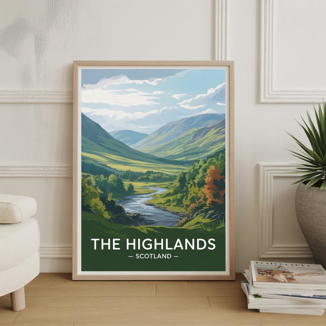 The Highlands Scotland Green Valley River Retro Travel Poster