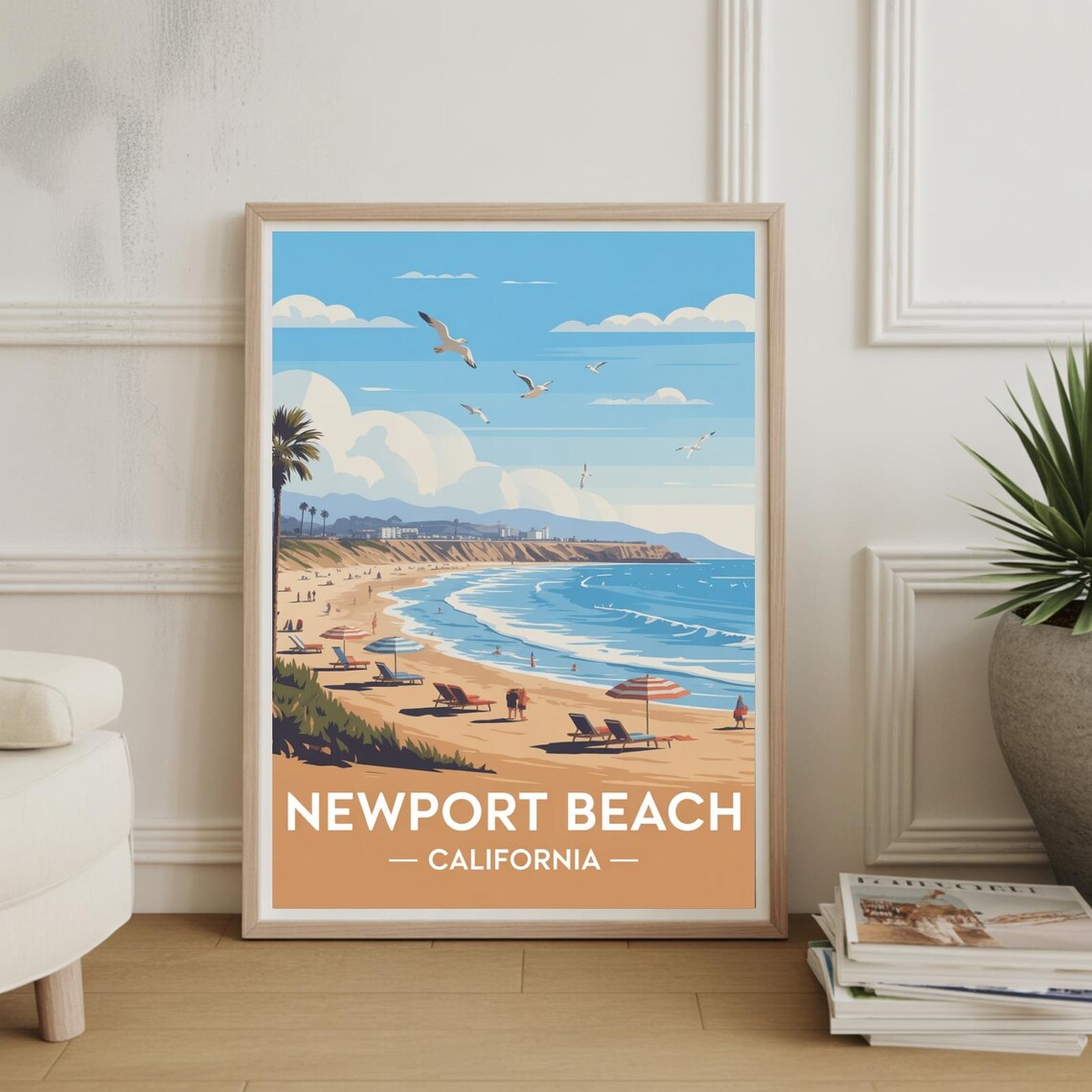 Newport Beach California Coast Travel Poster Seagulls Umbrella Scene