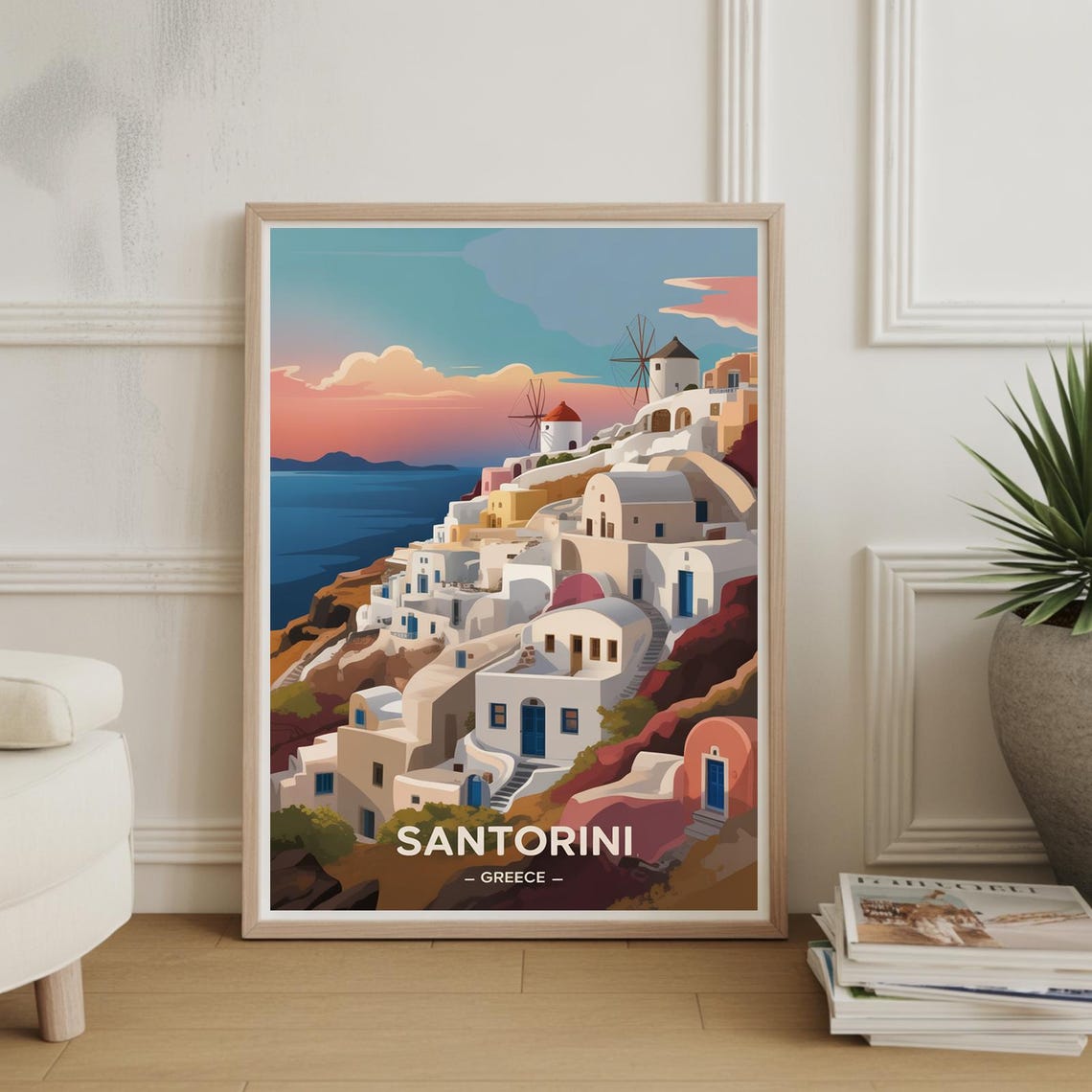 Santorini Greece Travel Poster Sunset Over Whitewashed Village