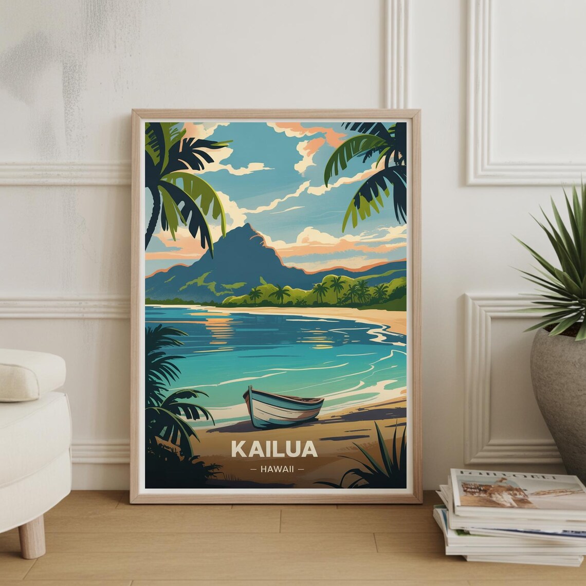 Kailua Hawaii Tropical Beach Palm Sunset Vintage Travel Poster