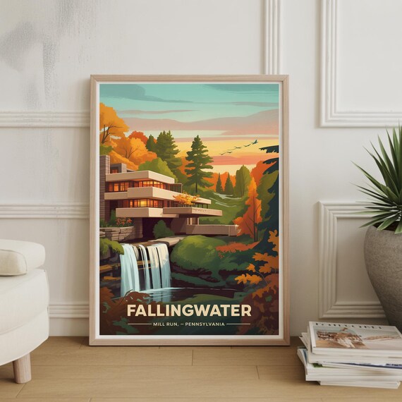 Fallingwater Mill Run Pennsylvania Autumn Landmark Travel Poster