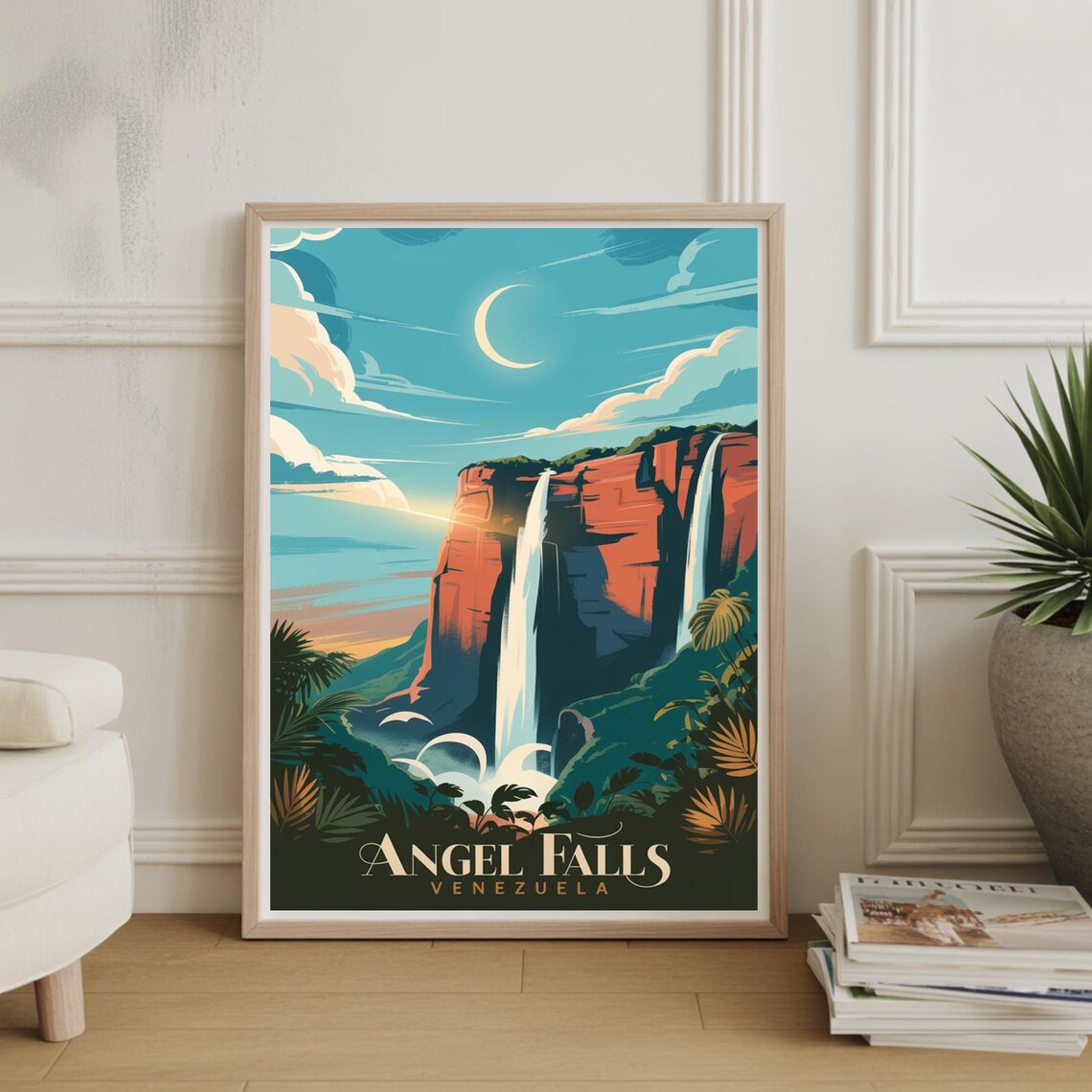 Angel Falls Venezuela Waterfall Vintage Night Travel Art Poster