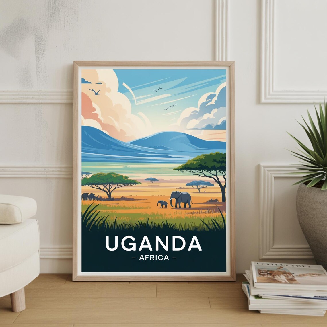 Uganda Africa Safari Elephants Acacia Trees Golden Savanna Travel Poster