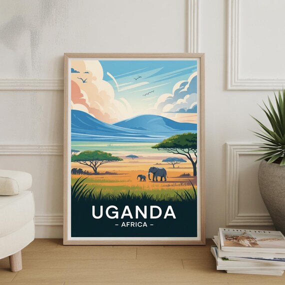 Uganda Africa Safari Elephants Acacia Trees Golden Savanna Travel Poster