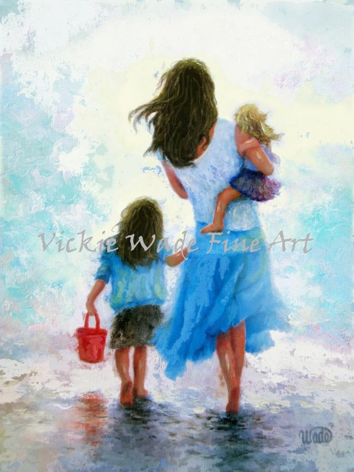 Mother and Two Daughters Walking Together on the Beach Shore Poster