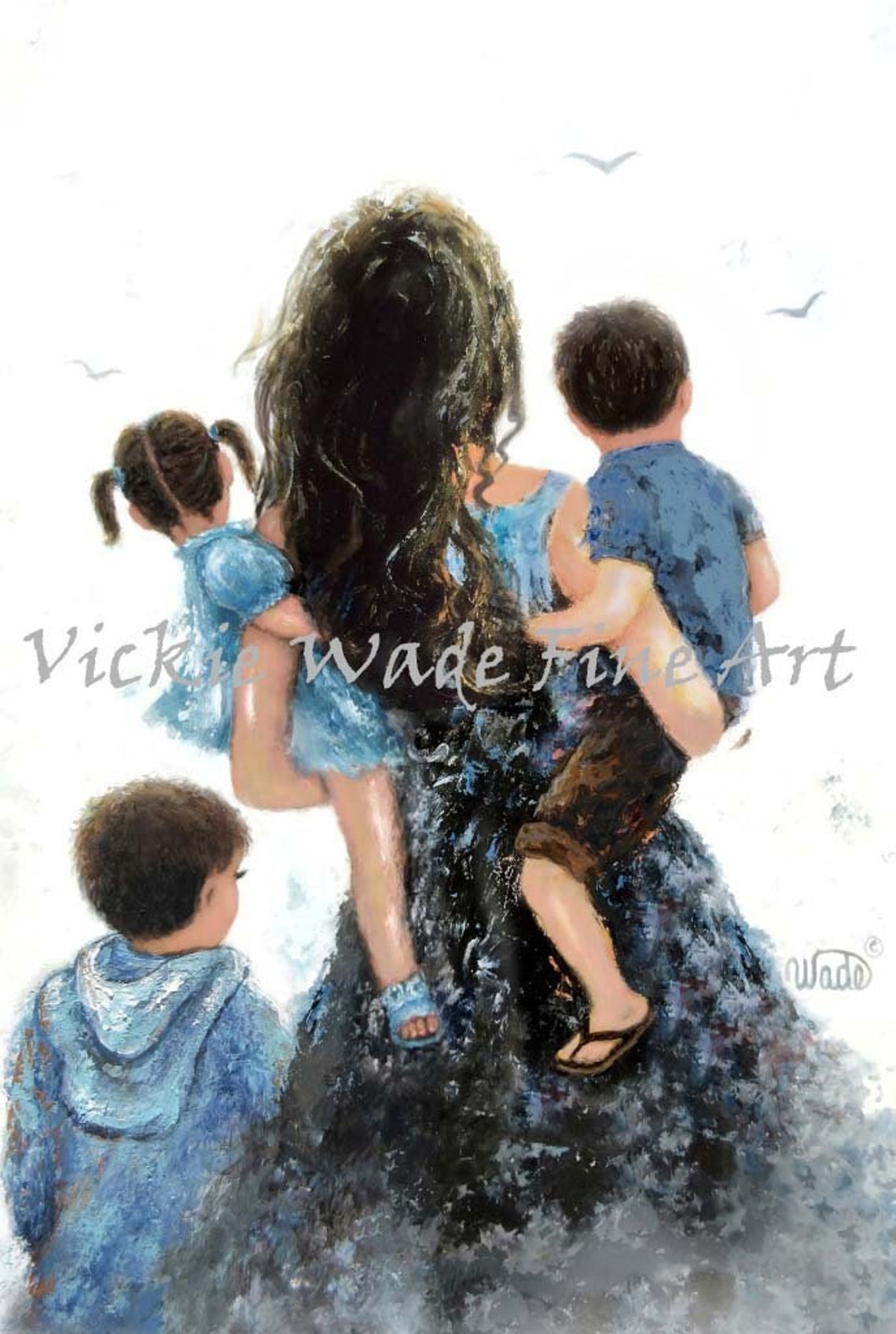 Mother Two Sons And Daughter Art Print Mom Carrying Children Two Boys And Girl Two Brothers Little Sister Vickie Wade Art