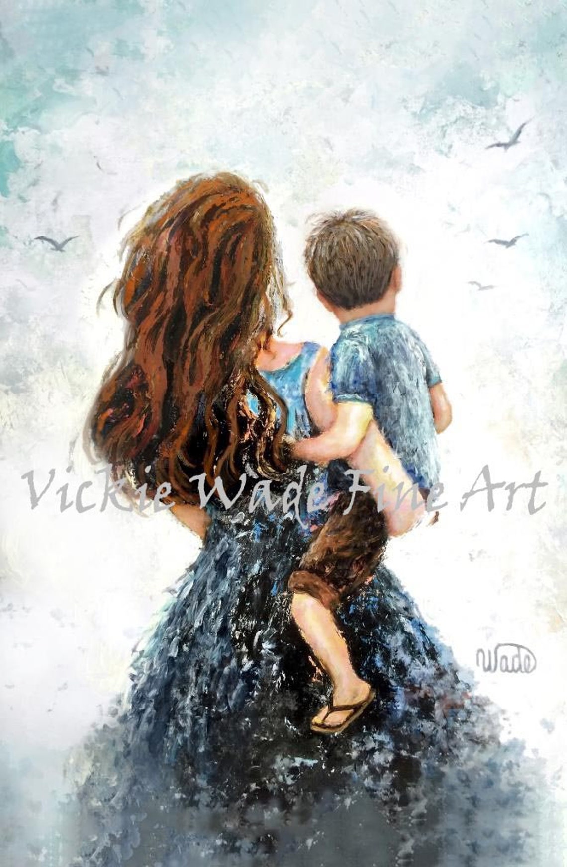 Red Haired Mom Carrying Her Little Son at the Sunny Beach Poster