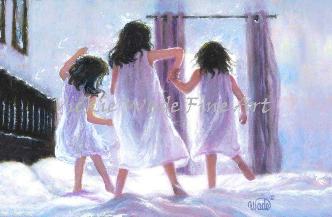 Three Sisters in Nightgowns Jumping on a Lavender Bed Poster