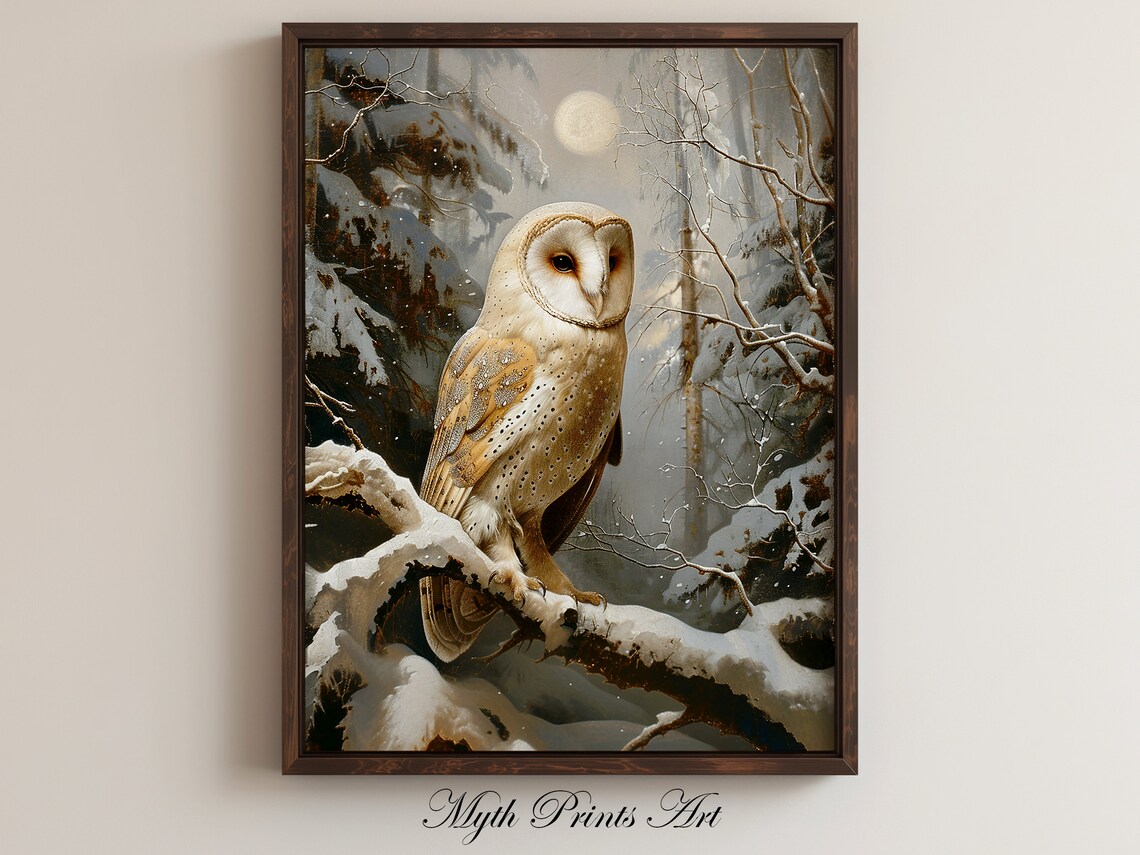 White Barn Owl Winter Landscape, Vintage Art Print