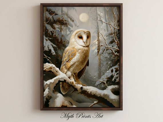 White Barn Owl Winter Landscape, Vintage Art Print